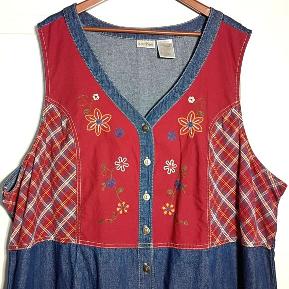 Bobbie Brooks Button Up Dress Chambray Denim Plaid Embroidered Flowers 26W/28W - Picture 3 of 8